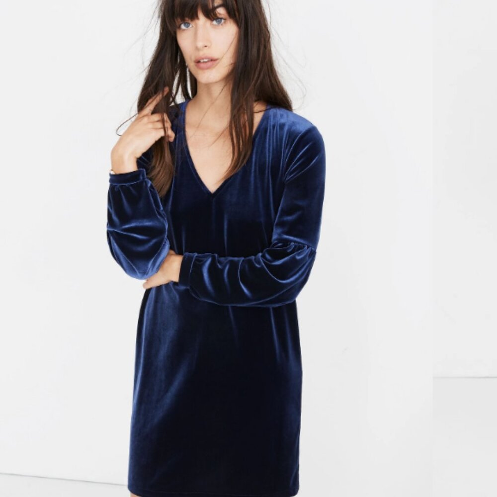 Madewell Velvet Balloon Sleeve Dress Navy V-Neck Shift Size M